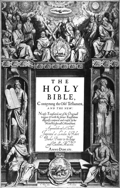 Frontispiece to the King James’ Bible, 1611, shows the Twelve Apostles at the top. Moses and Aaron flank the central text. In the four corners sit Matthew, Mark, Luke, and John, authors of the four gospels, with their symbolic animals.